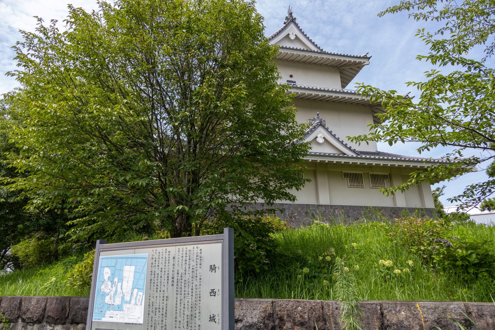 騎西城の説明板と天守閣風の建物