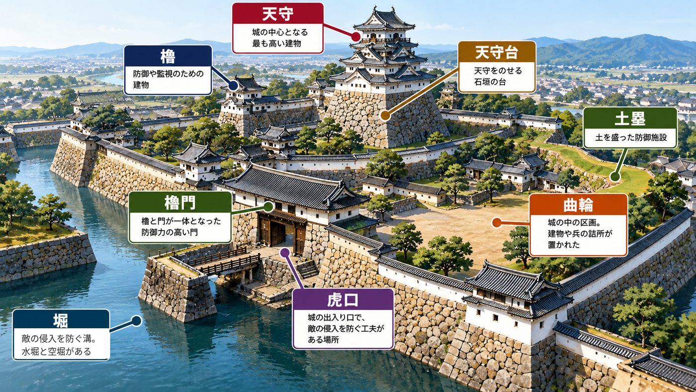 城の各部の名前（天守・天守台・櫓・櫓門・土塁・堀・虎口・曲輪）の図解