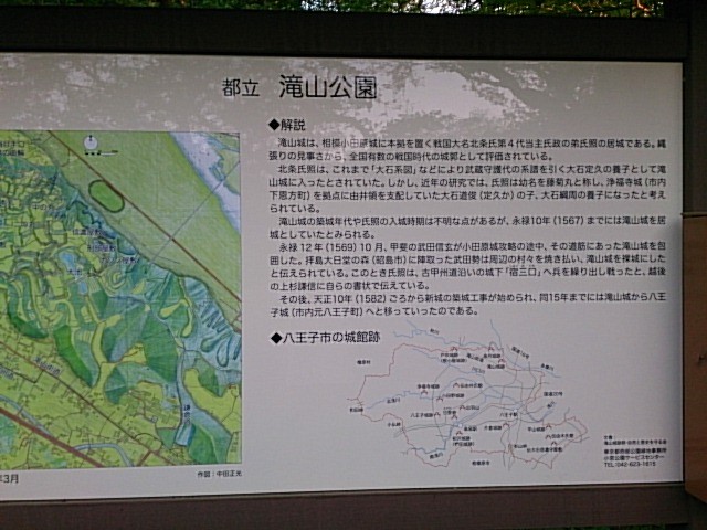 滝山公園の説明板と滝山城の縄張図